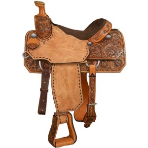 A team roping western saddle featuring leather tooled flowers with buck stitched customizable seat  size and personalized silver conchos